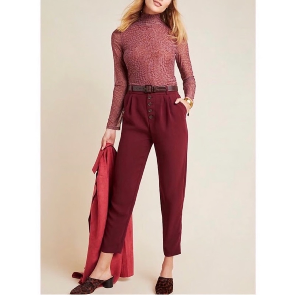 Anthropologie Tapered‎ Trousers Women 10 Burgundy Excellent Button Fly Pleated